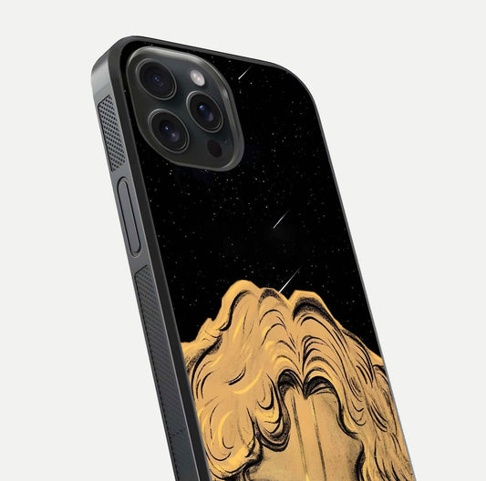 Celestial God’s Plan Glass Case for iPhone 15 Pro close-up angled shot highlighting celestial details and reflection