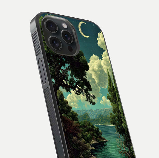 Celestial Lake Peace Glass Case for iPhone 15 Pro close-up highlighting moon reflection and glossy texture