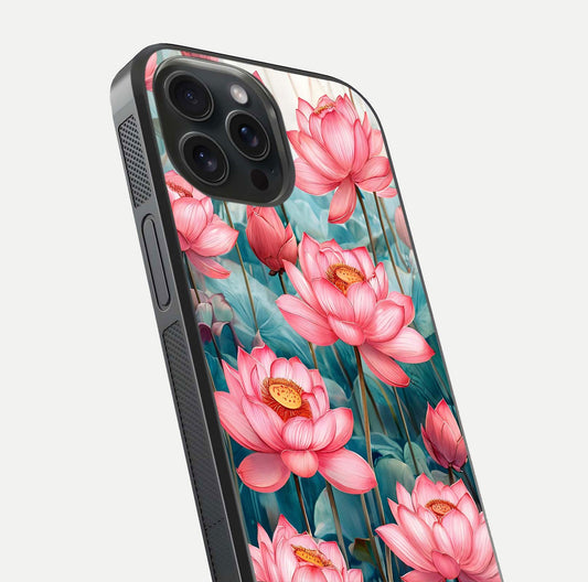 Celestial Pink Lotus Glass Case for iPhone 15 Pro close-up highlighting petal detail and HD glass reflection