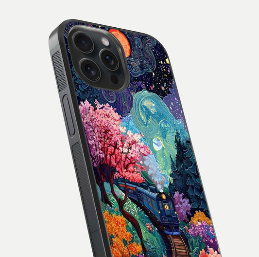 Celestial Train Journey Glass Case for iPhone 15 Pro close-up highlighting train lights, cosmic tones, and reflection detail