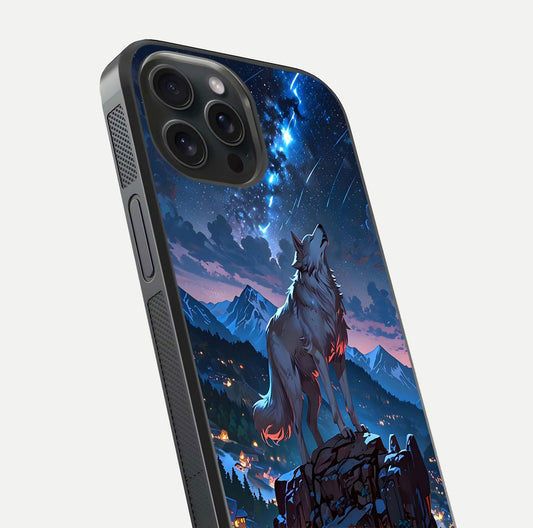 Celestial Wolf Howl Glass Case for iPhone 15 Pro close-up showing wolf silhouette and glowing moon reflection