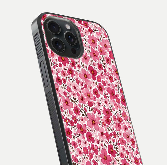 Cherry Blossom Charm Glass Case for iPhone 15 Pro close-up highlighting petal gradient and reflection shine