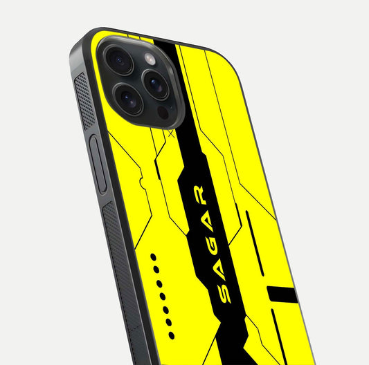 Circuit CYBERPUNK Custom Name Glass Case for iPhone 15 Pro close-up highlighting neon lines, futuristic tones, and gloss reflection