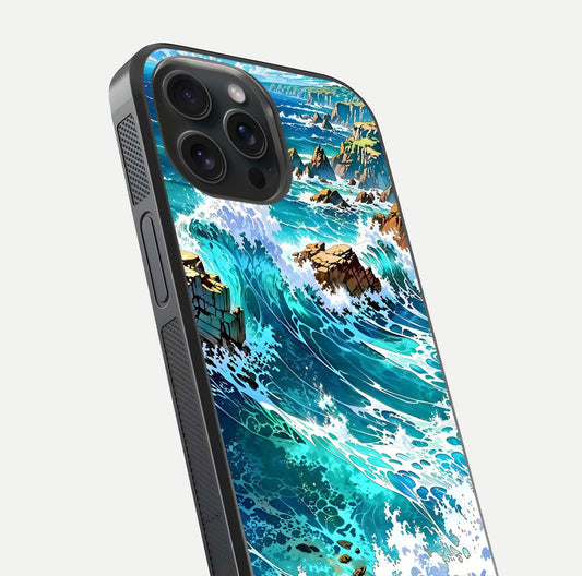 Coastal Blue Waves Glass Case for iPhone 15 Pro close-up highlighting wave texture and blue shine
