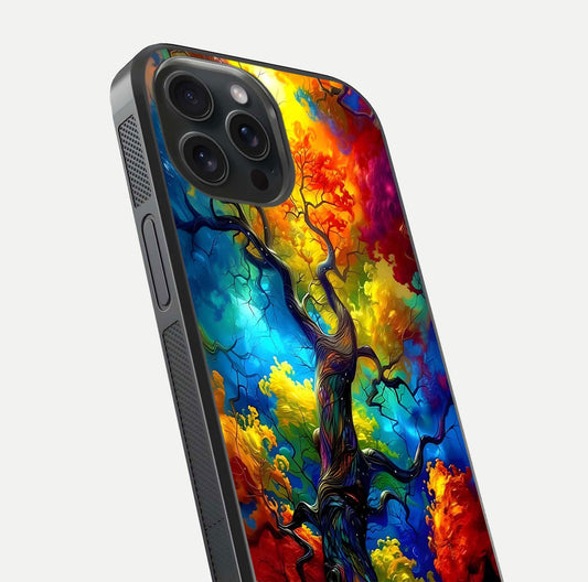 Colorful Tree Glass Case for iPhone 15 Pro close-up highlighting leaf detail, gradient colors, and shine