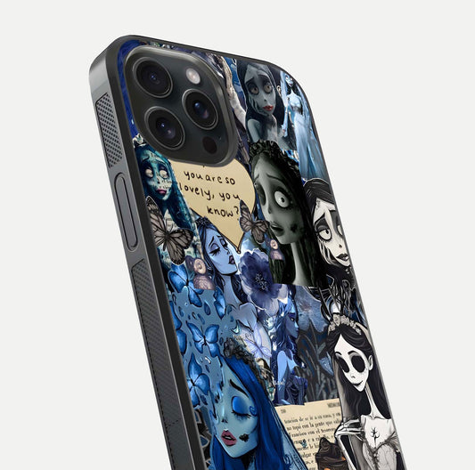 Corpse Bride Posters Glass Case for iPhone 15 Pro close-up highlighting detailed artwork and reflection polish