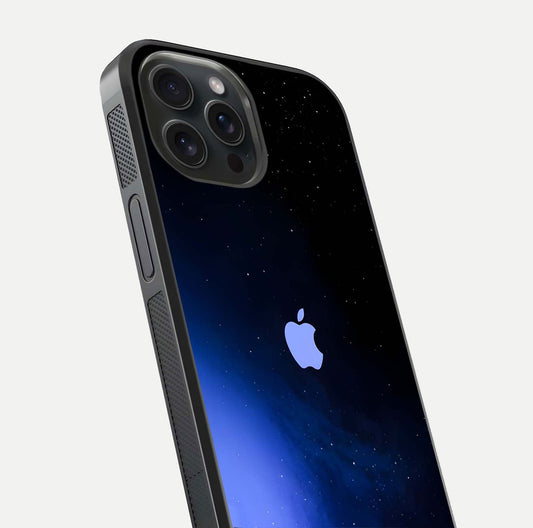 Cosmic Blue Apple Glass Case for iPhone 15 Pro close-up highlighting galaxy pattern, shine, and reflection detail