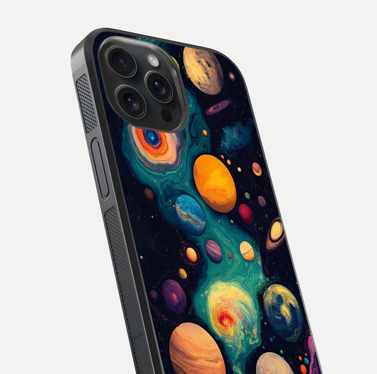 Cosmic Planet Journey Glass Case for iPhone 15 Pro close-up highlighting planets, stars, and shine reflection