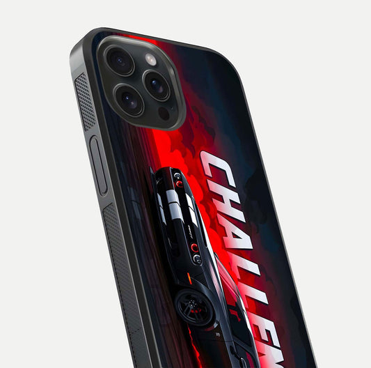 Crimson Challenger Fury Glass Case for iPhone 15 Pro close-up highlighting car details and reflection depth