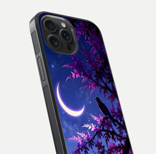 Crow & Moon Scenery Glass Case for iPhone 15 Pro close-up highlighting moon detail, dark tones, and glass reflection