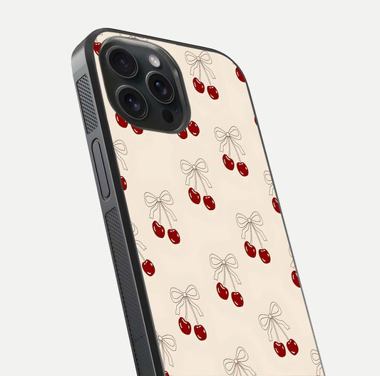 Cute Cherry Pattern Glass Case for iPhone 15 Pro close-up showing cherry cluster details and light reflection