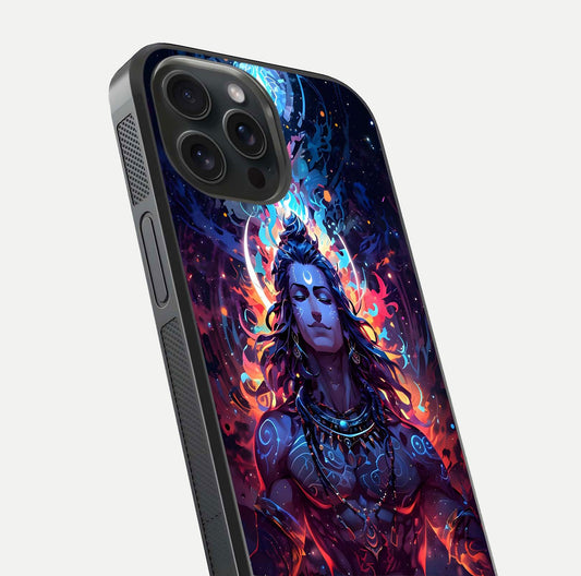 Divine Fire Shiv Glass Case for iPhone 15 Pro close-up highlighting divine detailing and reflection depth
