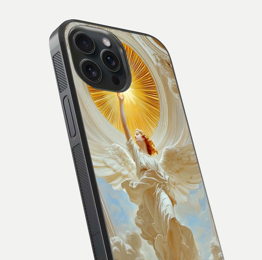 Divine Light Angel Glass Case for iPhone 15 Pro close-up highlighting light rays and glass reflection