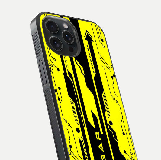 Electric Pulse CYBERPUNK Custom Name Glass Case for iPhone 15 Pro close-up highlighting tech pattern, lighting effect, and reflection shine