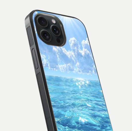 Endless Ocean Horizon Glass Case for iPhone 15 Pro close-up highlighting water texture and reflection shine