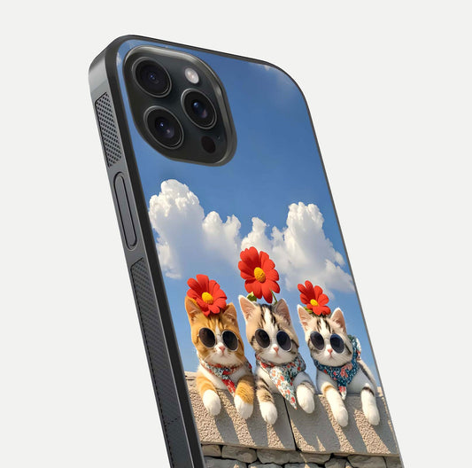 Floral Kitty Squad Glass Case for iPhone 15 Pro close-up highlighting cat detail and flower patterns with HD shine