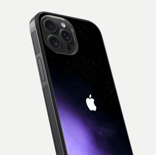 Galaxy Apple Aura Glass Case for iPhone 15 Pro close-up angled shot showing aura lighting and reflection polish