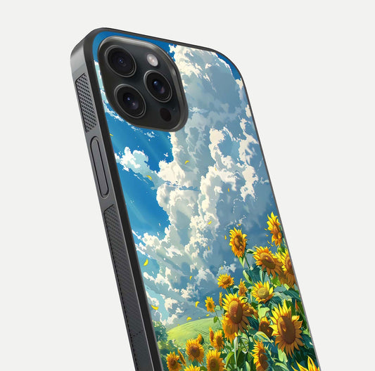 Golden Sun Glory Glass Case for iPhone 15 Pro close-up angled shot showing sunlight reflection and gold detailing
