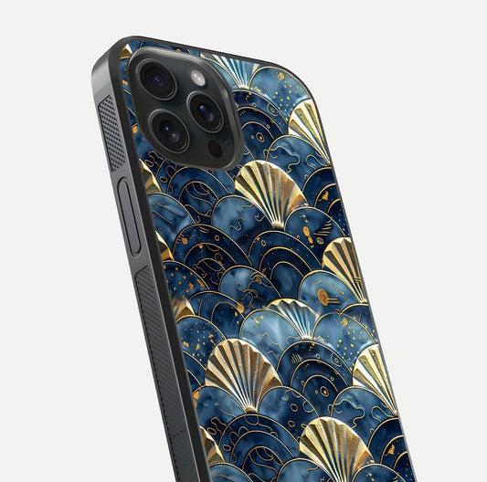 Golden Wave Luxe Glass Case for iPhone 15 Pro close-up angled shot showing flowing wave texture and reflection brightness