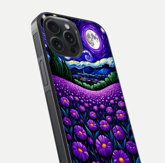 Lavender Moon Field Glass Case for iPhone 15 Pro close-up angled shot showing moon glow and purple detailing