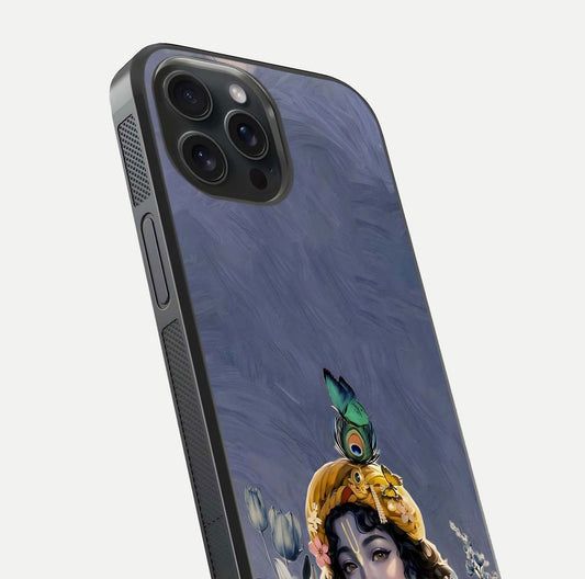 Lord Krishna Glass Case for iPhone 15 Pro angled close-up showing intricate flute and reflection details