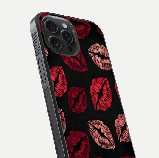 Midnight Kiss Love Glass Case for iPhone 15 Pro close-up angle highlighting red accents and reflection shine