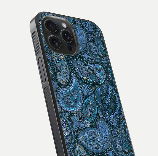 Midnight Paisley Glow Glass Case for iPhone 15 Pro close-up angled shot showing floral details and gloss texture