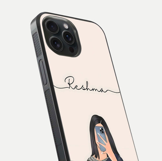 Mirror Mood Muse Custom Name Glass Case for iPhone 15 Pro close-up angled shot highlighting gloss and mirror depth