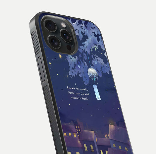 Moonlit Cat Silence Glass Case for iPhone 15 Pro close-up angled shot showing soft glow and reflection texture