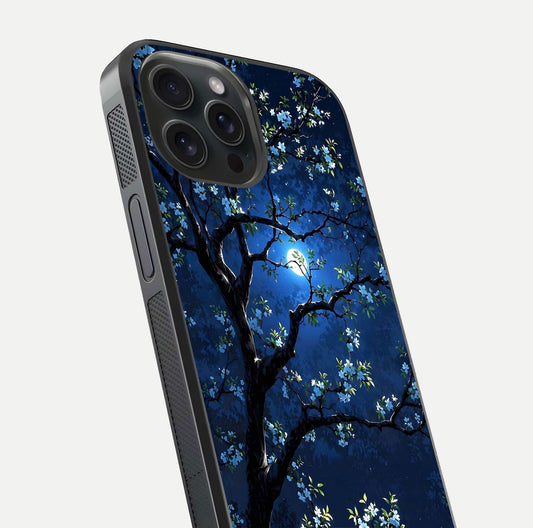 Mystic Floral Night Glass Case for iPhone 15 Pro close-up angled shot highlighting petal detail and HD reflection