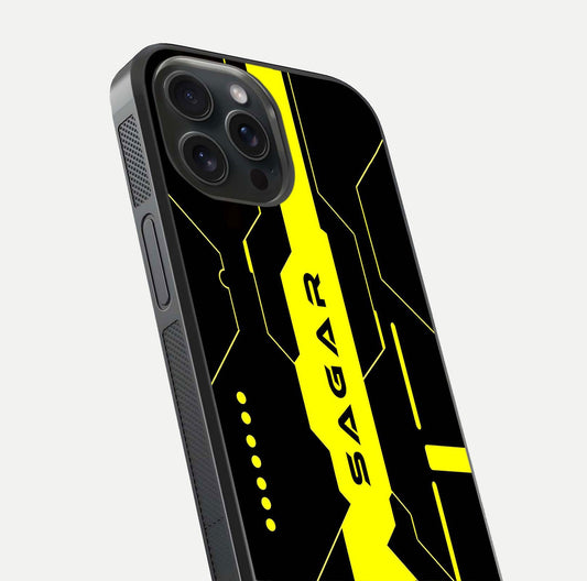 Neon CYBERPUNK Custom Name Glass Case for iPhone 15 Pro close-up angled shot highlighting electric colors and reflection