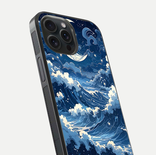 Ocean Moon Waves Glass Case for iPhone 15 Pro close-up angled shot showing HD reflection and calm tones