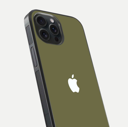 Olive Matte Essence Glass Case for iPhone 15 Pro close-up angled shot showing soft reflection and minimal finish