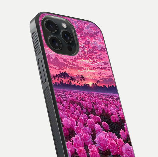 Rose Sunset Valley Glass Case for iPhone 15 Pro close-up angled shot showing rose detailing and golden hues