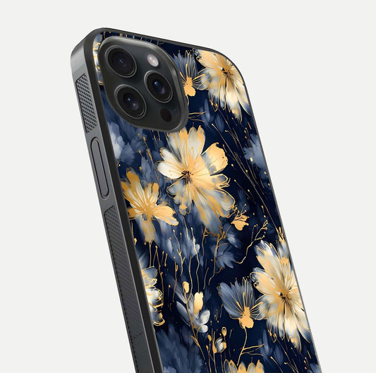 Royal Petal Dream Glass Case for iPhone 15 Pro close-up angled shot highlighting petal texture and reflection depth