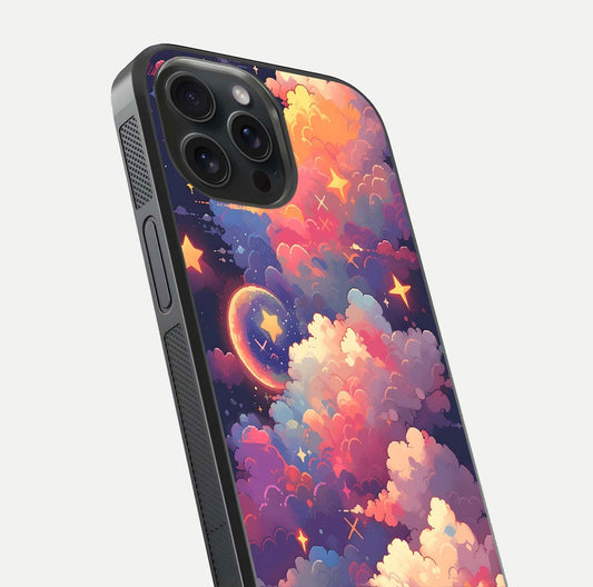 Starlit Dream Clouds Glass Case for iPhone 15 Pro close-up angled shot highlighting cloud texture and reflection