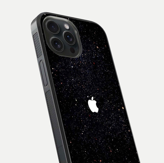 Starry Apple Galaxy Glass Case for iPhone 15 Pro close-up angled shot highlighting star details and gloss