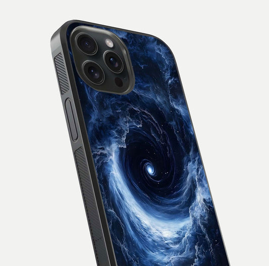 Stunning Galaxy Glass Case for iPhone 15 Pro close-up angled shot highlighting nebula tones and HD reflection