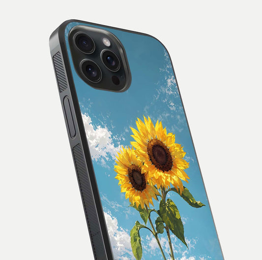 Sunflower Sky Bloom Glass Case for iPhone 15 Pro close-up angled shot highlighting petal details and reflection