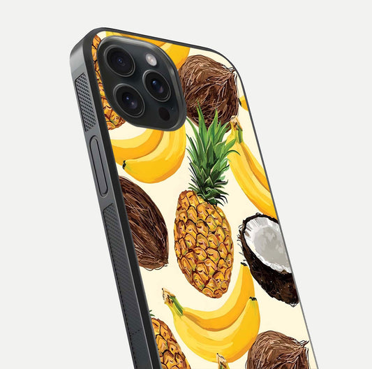 Tropical Fruit Mood Glass Case for iPhone 15 Pro close-up angled shot highlighting fruit texture and reflection