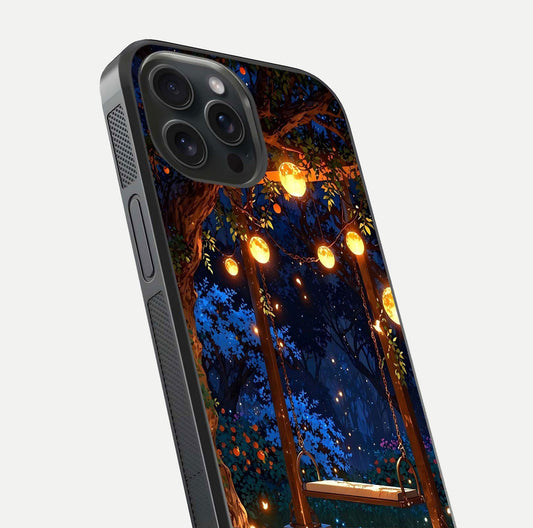 Twilight Garden Swing Glass Case for iPhone 15 Pro close-up angled shot highlighting floral tones and reflection