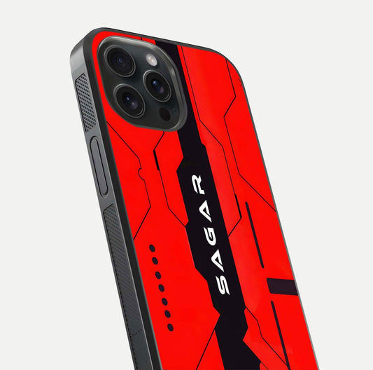 Voltage Rise CYBERPUNK Custom Name Glass Case for iPhone 15 Pro close-up angled shot highlighting neon glow and reflection