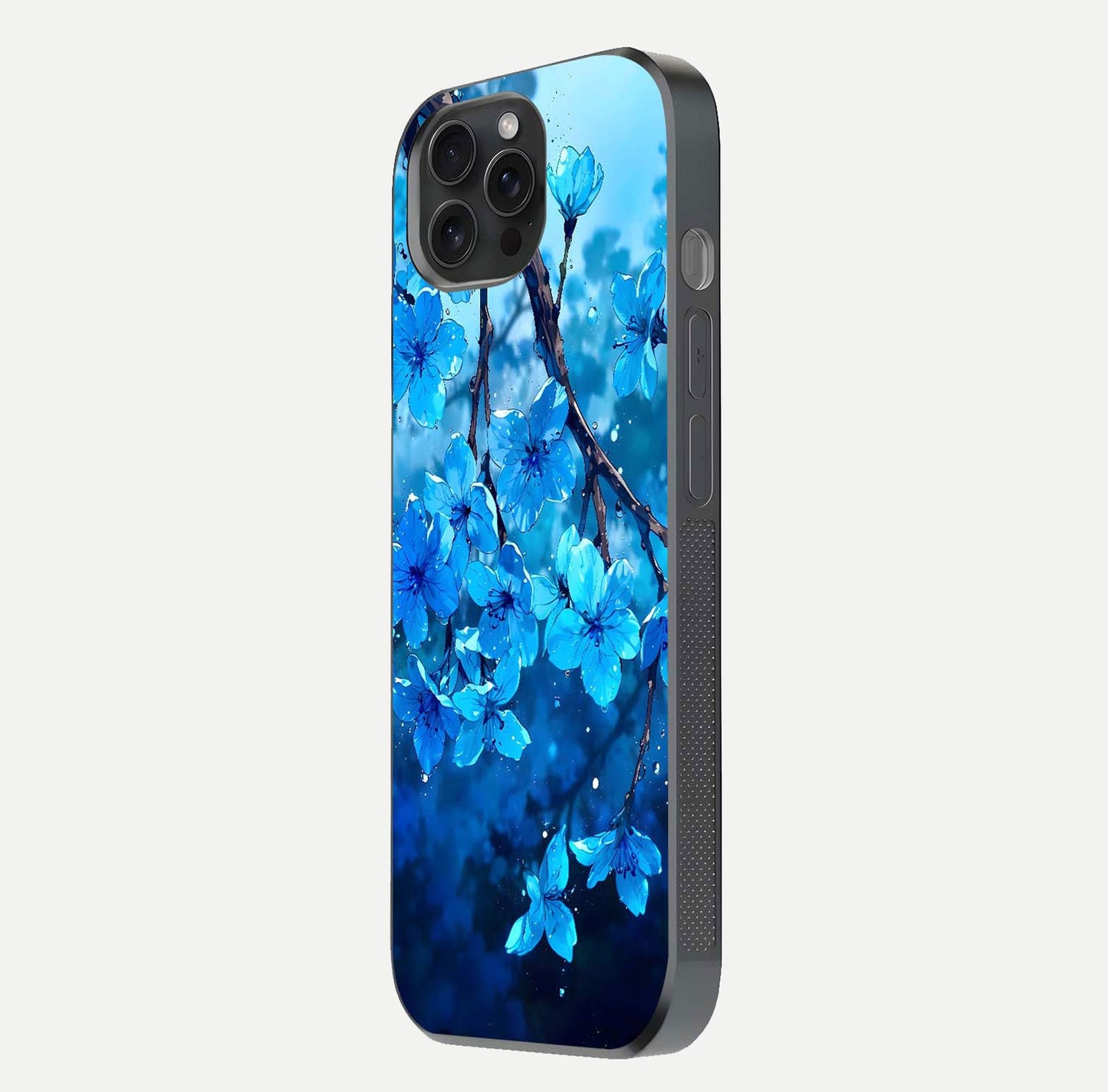 Blue Blossoms Branch Glass Case for iPhone 15 Pro side-angle image showing blossom pattern flow and glossy texture