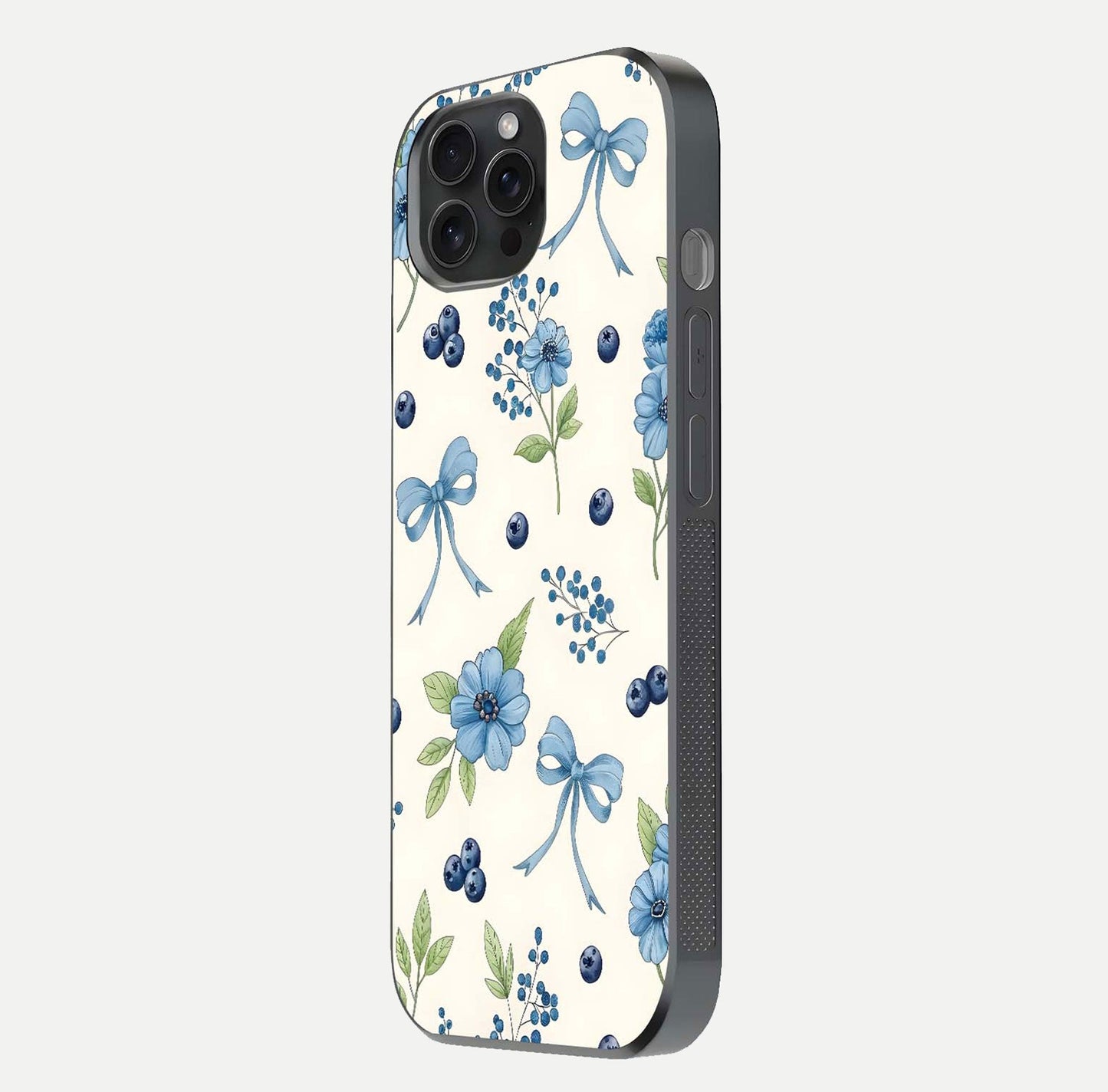 Blue Flower & Bow Glass Case for iPhone 15 Pro side-angle image showing bow-floral mix and HD finish shine