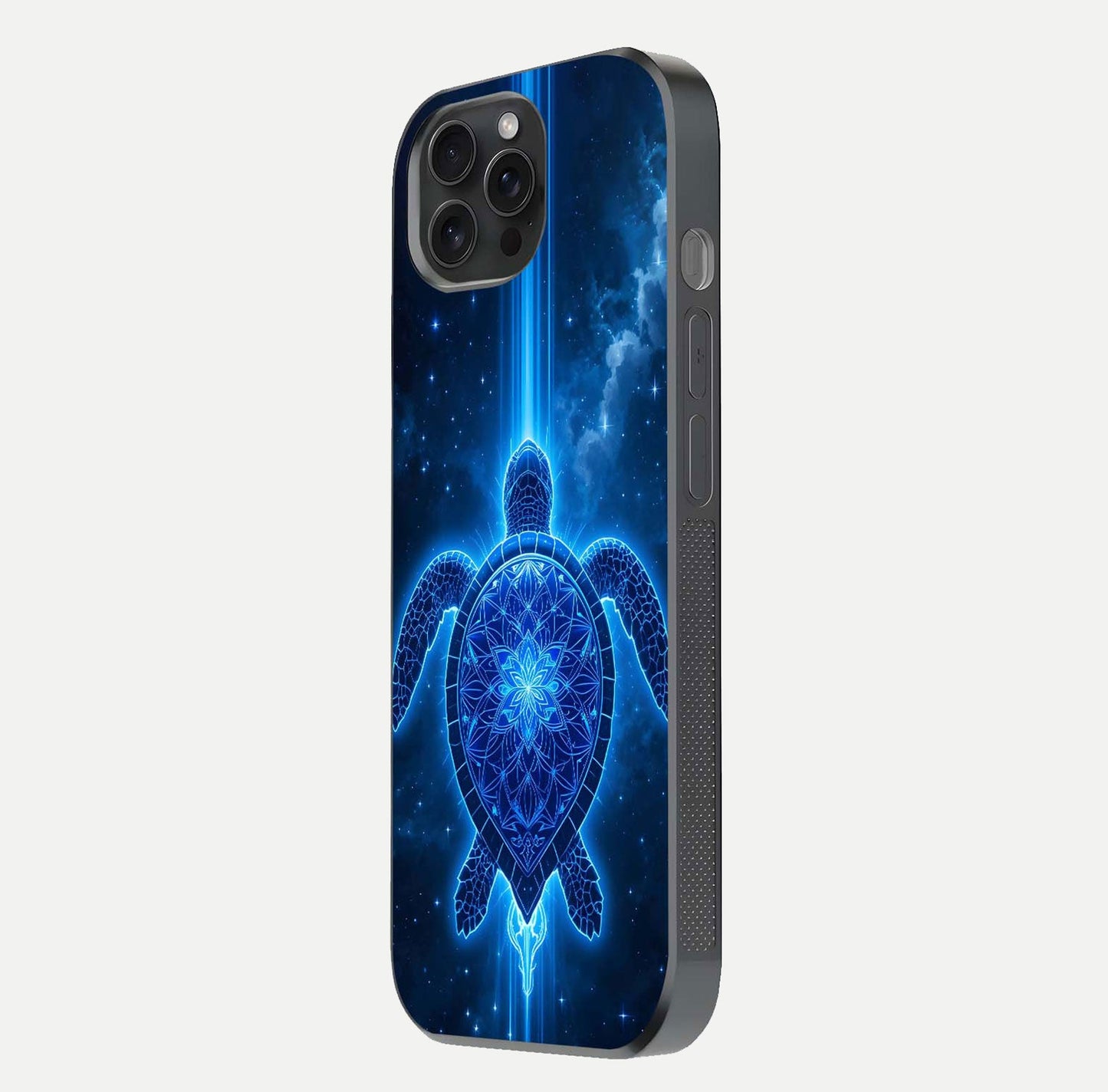 Blue Galaxy Turtle Glass Case for iPhone 15 Pro side-angle photo capturing galaxy shine and smooth edge design