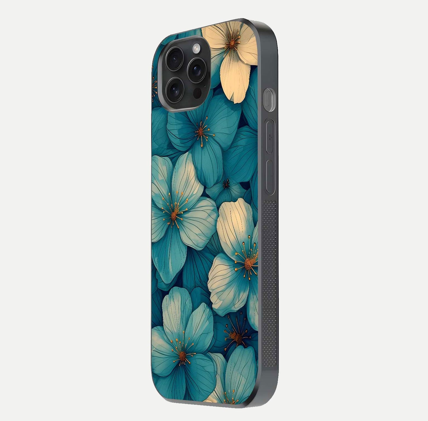 Blue Shade Floral Glass Case for iPhone 15 Pro side-angle photo showing detailed floral hues and curved glass shine