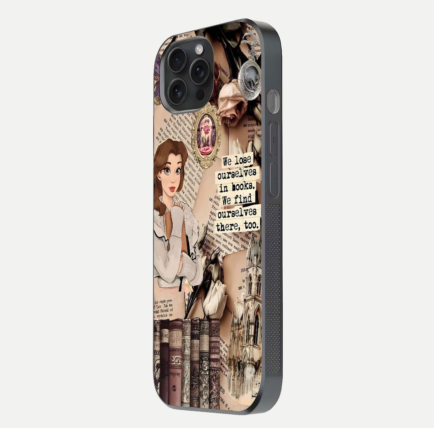 Bookish Dream World Glass Case for iPhone 15 Pro side-angle image showing detail depth and smooth corner polish
