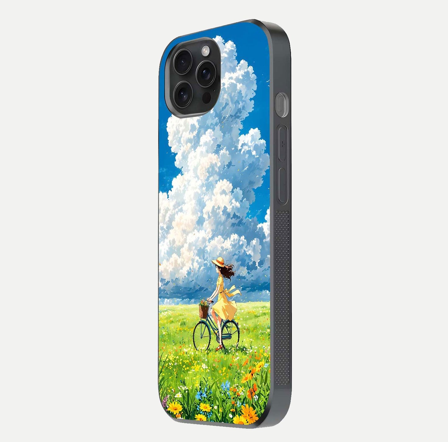Breezy Meadow Ride Glass Case for iPhone 15 Pro side-angle image showing floral details and edge glow