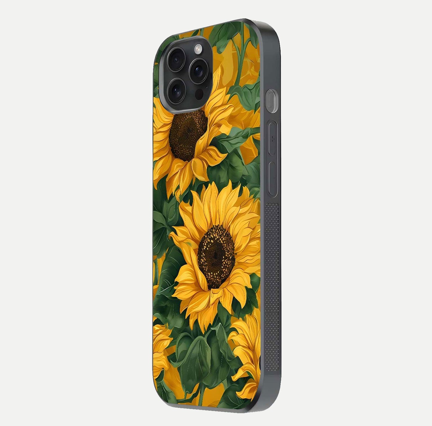 Bright Sunflower Bloom Glass Case for iPhone 15 Pro side-angle image showing shine texture and detailed bloom