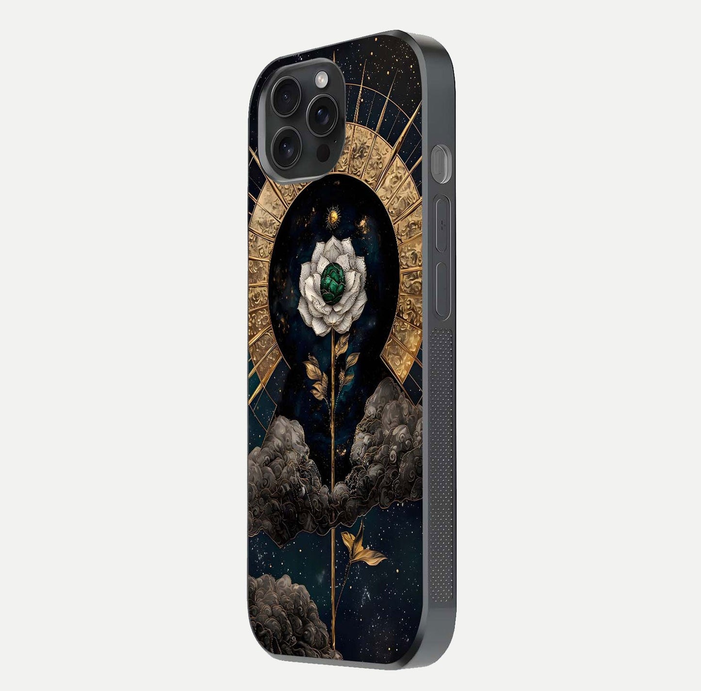 Celestial Lotus Morang Glass Case for iPhone 15 Pro side-angle image capturing shine and smooth curvature